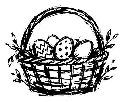 Easter basket filled with decorated eggs and spring branches in artistic ink sketch style