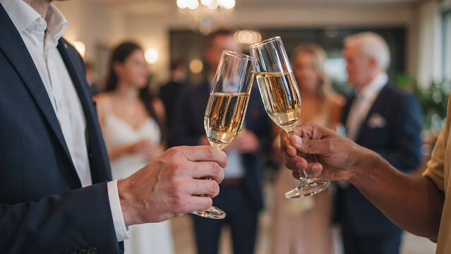 Close up of hands clinking champagne glasses to celebrate at a social party