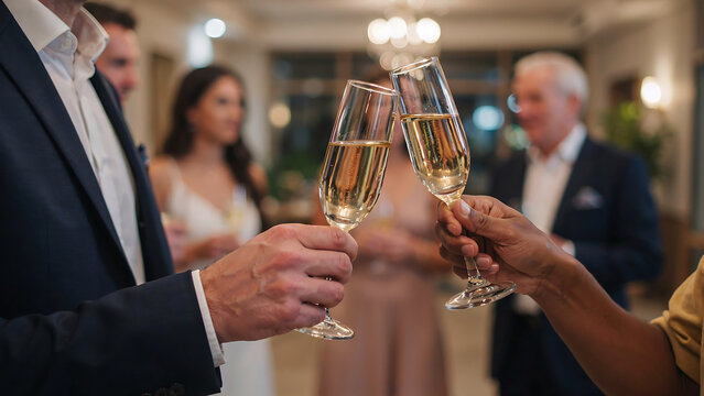 People clinking champagne glasses for a celebratory toast at a formal event