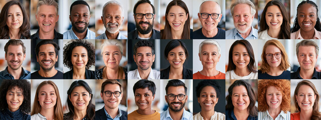Obraz premium Variety for global harmony. Collage combining portraits happy people from diverse ethnic backgrounds age genders professions. Life medical insurance company database. Wide panorama for website banner