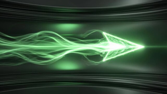 Glowing Green Digital Arrow Moving Through Dark Tunnel Abstract Speed Concept