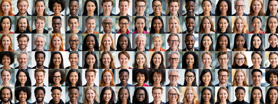 Variety for global harmony. Collage combining portraits happy people from diverse ethnic backgrounds age genders professions. Life medical insurance company database. Wide panorama for website banner