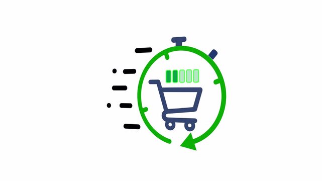 Fast delivery service icon with shopping cart and stopwatch timer symbol for quick online retail commerce logistics