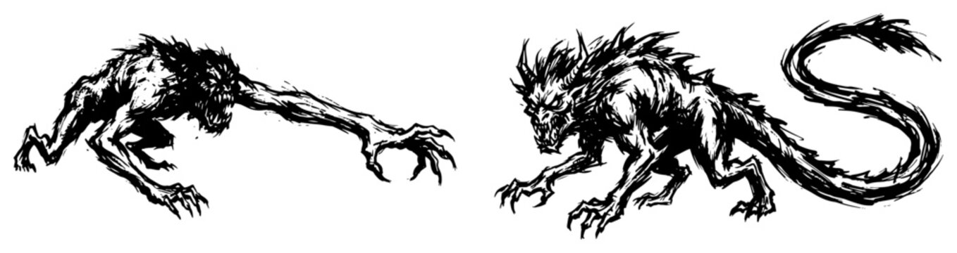 Creepy fantasy monsters including crawling ghoul and demonic beast in hand drawn ink sketch style