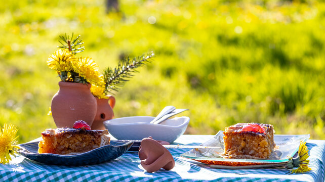 Slices of traditional Riotorto almond cake at outdoor picnic