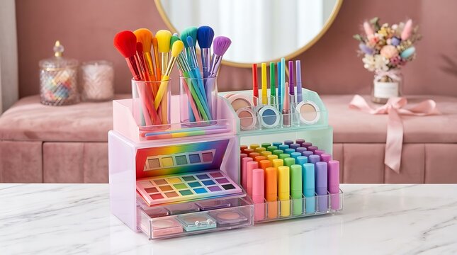 Colorful makeup brushes and eye shadow palette set in a pink organizer on a bedroom vanity table. makeup organizer rainbow