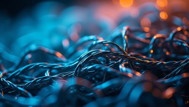 Close-up view of intertwined metallic wires illuminated with blue and orange lighting, creating an abstract background with intricate details and textures