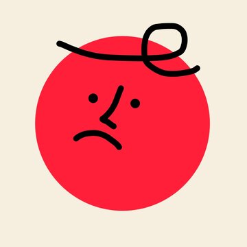 Simple minimalist red circle face with a grumpy expression and black doodle features vector illustration design.
