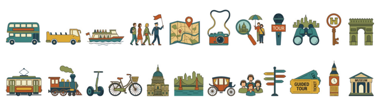 Travel Icons Collection: Transportation, Landmarks, Tours, and Navigation