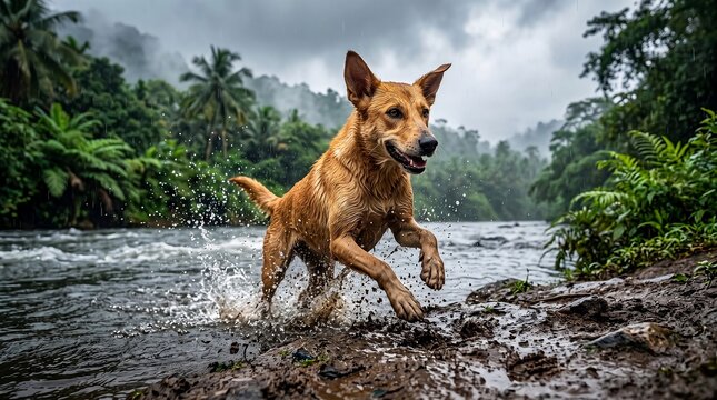Indian Pariah Dog Exploding Through Monsoon Water Splash