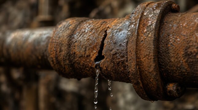 A close-up of a heavily rusted metal pipe with a visible crack leaking water droplets.