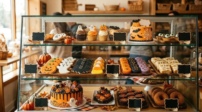 Halloween bakery display case with festive treats. Assorted spooky cakes and cookies.