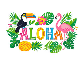 Tropical Birds, Pineapple, and Flowers with Aloha Text © diwi