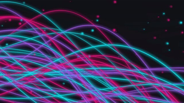 Abstract background featuring glowing neon light waves moving across dark space in rhythmic patterns.