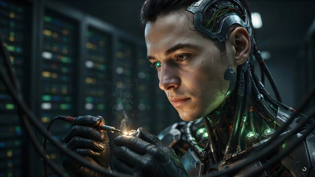 Futuristic Male Robot Engineer Tinkering with Electronic Components in High-Tech Laboratory
