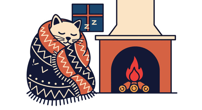 A cozy cat sleeps soundly wrapped in a blanket next to a warm fireplace.