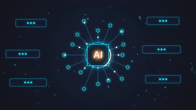 Artificial intelligence network processing digital information in futuristic cyberspace motion graphic.