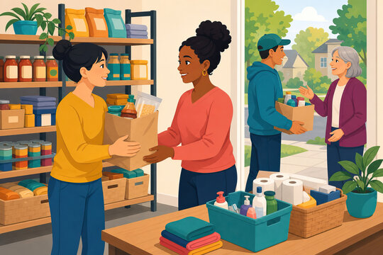 People engaging in mutual aid, organizing a community pantry by donating and receiving essential food and household supplies