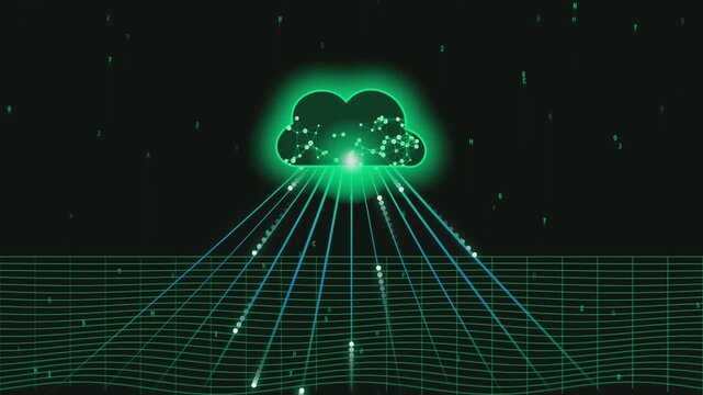 Dynamic cloud computing data transfer motion graphics with digital network grid background.