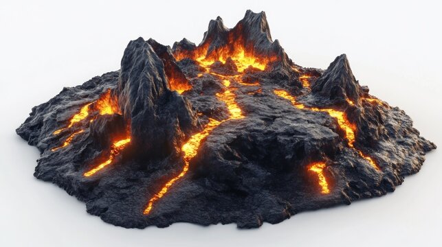 Fiery volcanic landscape with glowing lava streams on a white background.