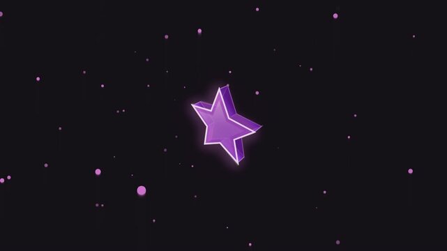 Purple neon star rotating in dark space with glowing particles floating around cinematic motion clip.