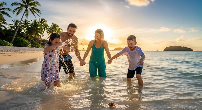 Family enjoying sunset walk on tropical beach.