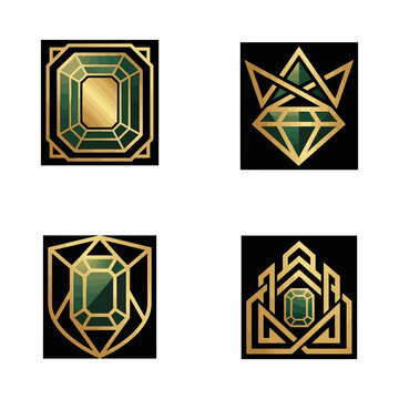 Geometric emerald green and gold gemstone logos for premium jewelry branding.