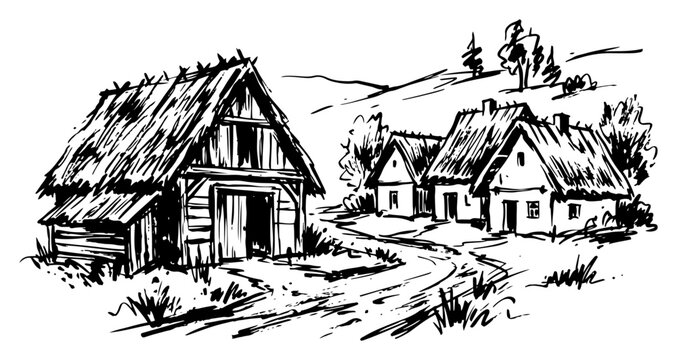 Rural village with old wooden cottages and thatched roofs in sketch style