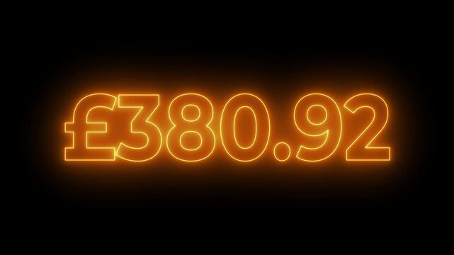 Glowing neon british pound currency money counter counting from 0 to 600 on black background.