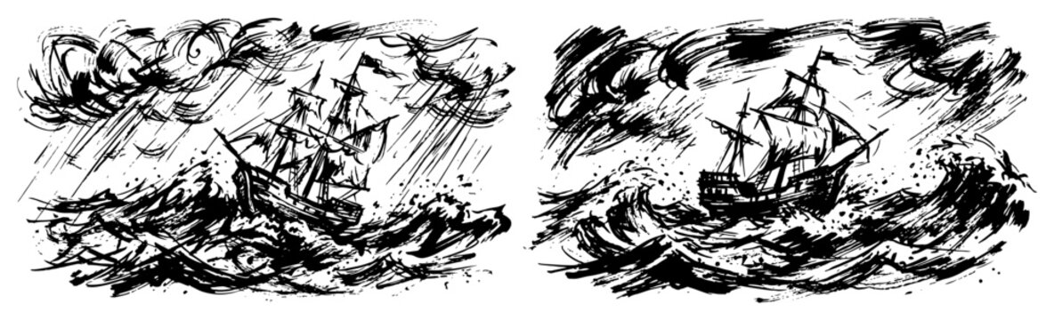 Sailing ship in stormy ocean with big waves and rain hand drawn sketch style