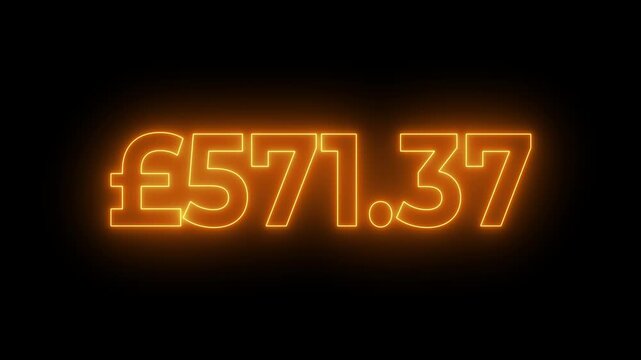 Glowing neon british pound currency money counter counting from 0 to 900 on black background.