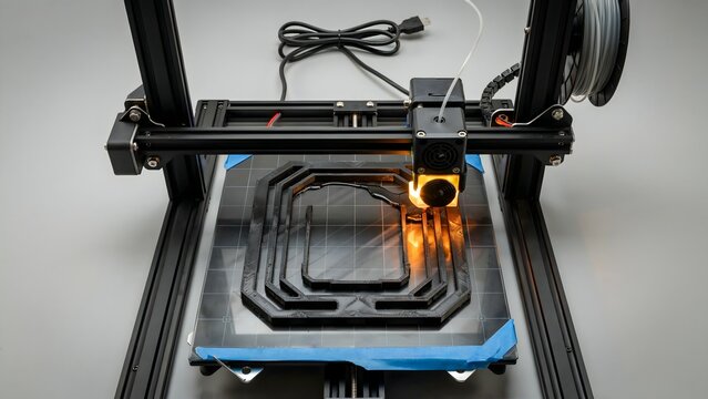 Modern 3D Printer with Filament Roll and Heated Bed for Additive Manufacturing