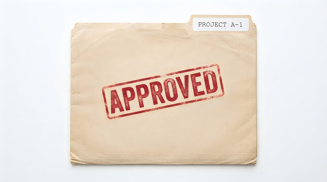 Top view of a tan paper folder marked with a red ink stamped approved label approved document business