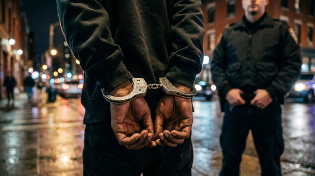 Arrested Man in Handcuffs with Police Officer at Night Street