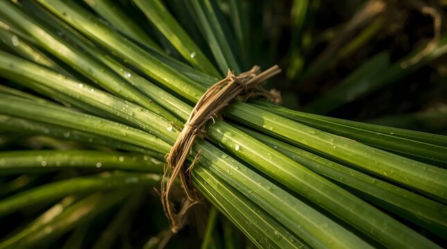 Vibrant green pandan leaves, freshly picked and expertly bundled with natural twine, presenting a lucid and organic close-up scene rich with earthy textures and morning dew