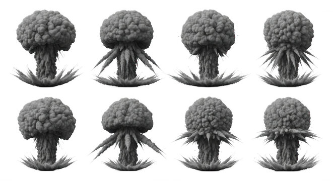 nuclear explosions exploding various stages of detonations isolated on white scientific education or special effects