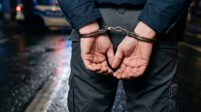 Arrested Man in Handcuffs on Wet City Street at Night, Police Car Lights