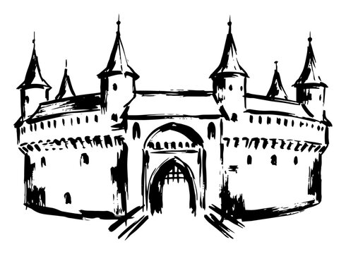 Medieval barbican fortress gateway with defensive walls and towers in hand drawn sketch style