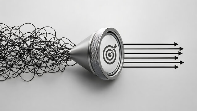 Abstract Funnel Transforming Chaos into Focused Direction with Target Icon and Arrows