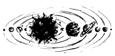 Solar system with sun and orbiting planets in hand drawn ink sketch style © Logan