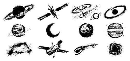 Space elements collection with planets satellite and stars in ink sketch style © Logan