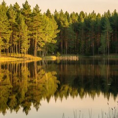 Stunning golden sunset reflection of pine forest in a calm lake. © Sapari