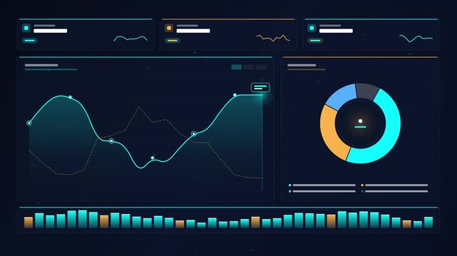 Futuristic digital dashboard displaying financial data charts and analytical graphs
