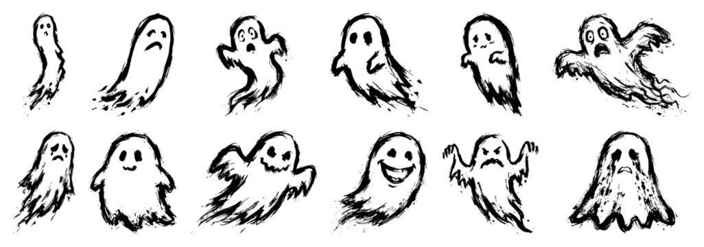 Cute and spooky ghost characters with different expressions in hand drawn ink doodle style