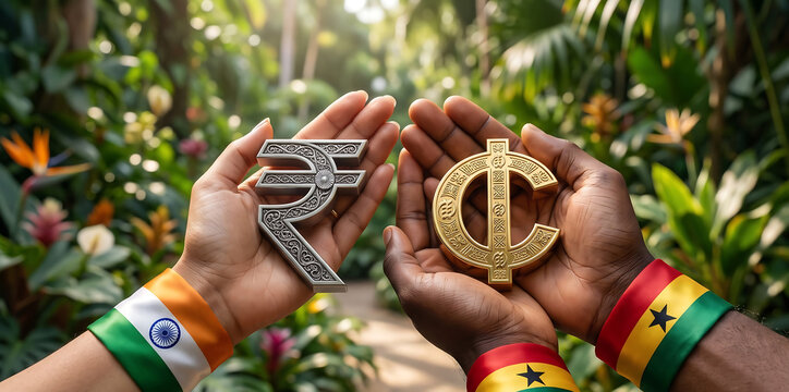 hand holding a Indian Rupee Symbol and Ghana Cedi Symbol