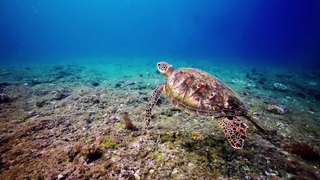 Sea Turtle Swimming over Tropical Coral Reef in Clear Blue Water