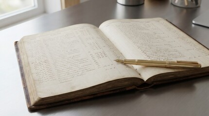 Fototapeta premium Vintage Open Ledger Book with a Brass Pen Resting on Aged Pages Placed on a Metallic Table Surface Invoking a Sense of History and Traditional Record Keeping Near a Window Letting Natural Light