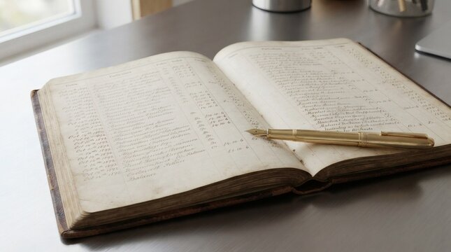 Vintage Open Ledger Book with a Brass Pen Resting on Aged Pages Placed on a Metallic Table Surface Invoking a Sense of History and Traditional Record Keeping Near a Window Letting Natural Light