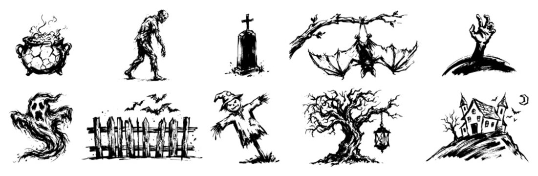 Halloween icon collection featuring haunted house zombie ghost and spooky elements in hand drawn ink style