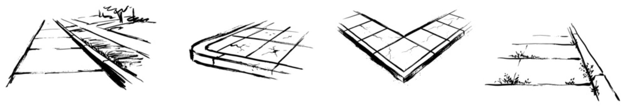 Sidewalk pavement tiles and curb sections ink sketch collection